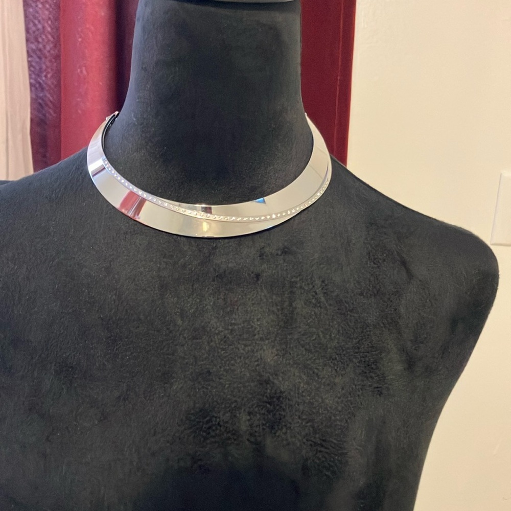 A beautiful silver colored collar choker necklace.